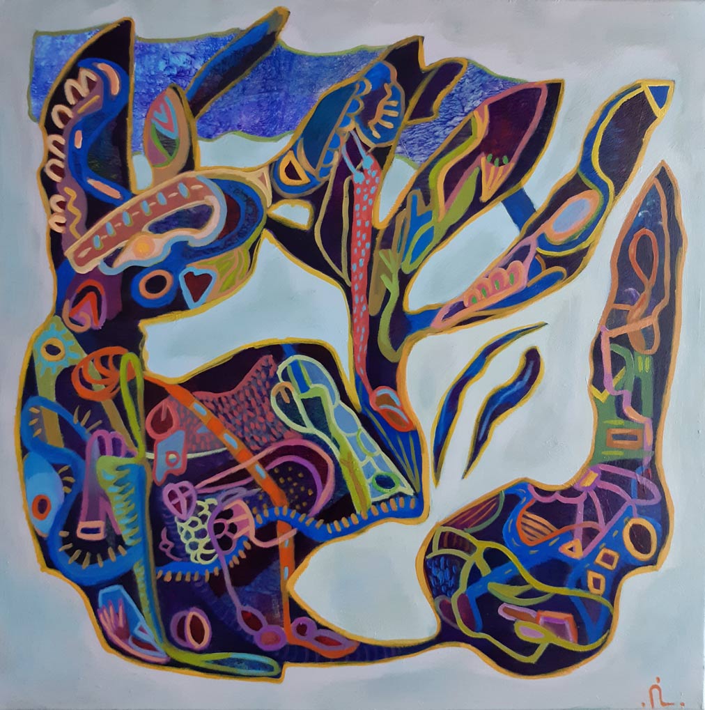 2023-26. Tribal Dance. <br>60x60 cm. Olieverf op doek.</br>